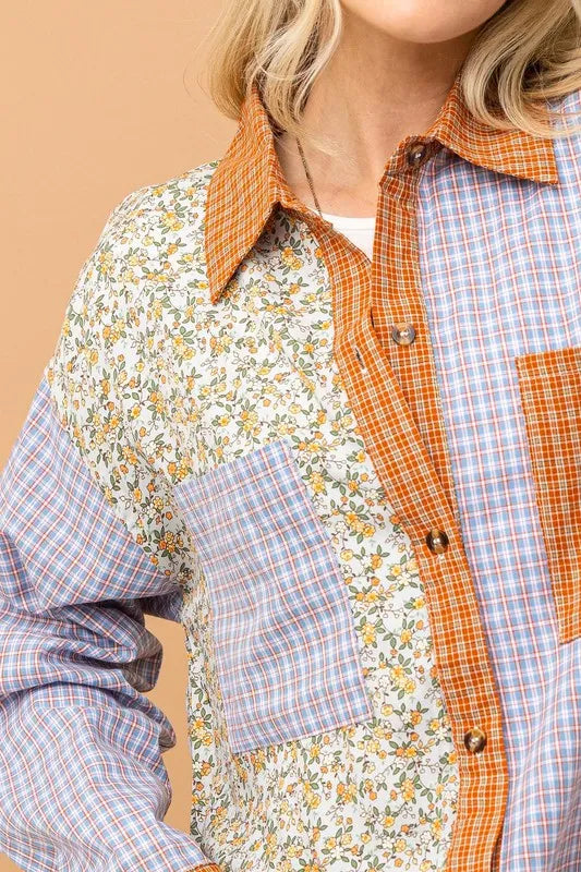 Floral and Plaid Color Block Button Down Shirt