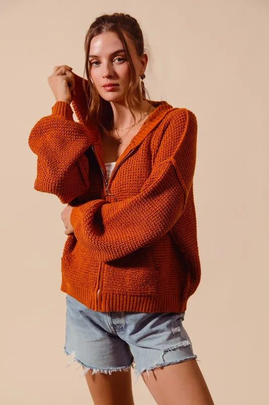 Front Zip Up Hooded Textured Cardigan, Rust