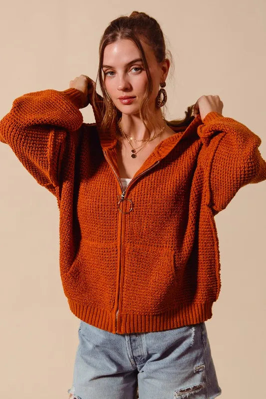 Front Zip Up Hooded Textured Cardigan, Rust
