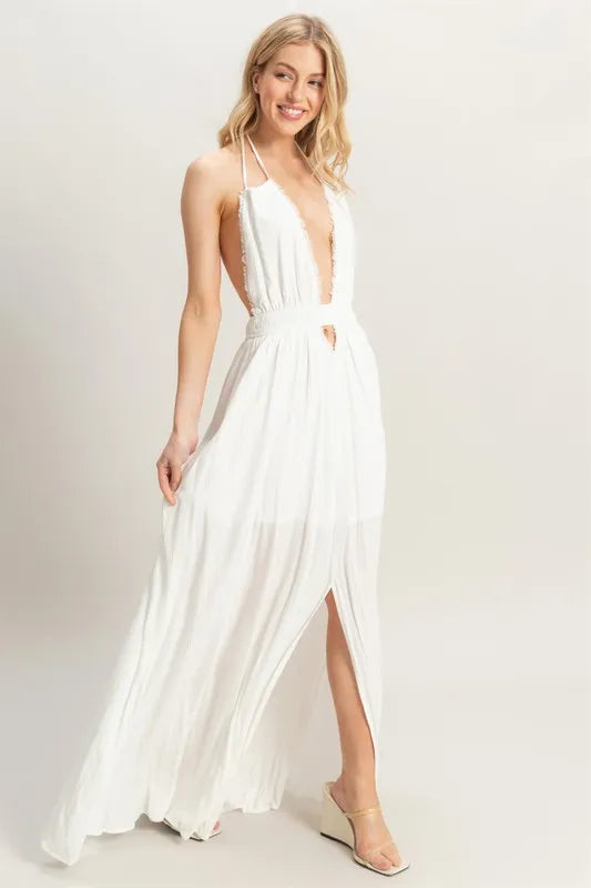 Halter Neck Fitted Waist Flowy Maxi Dress