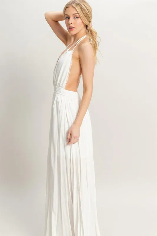 Halter Neck Fitted Waist Flowy Maxi Dress