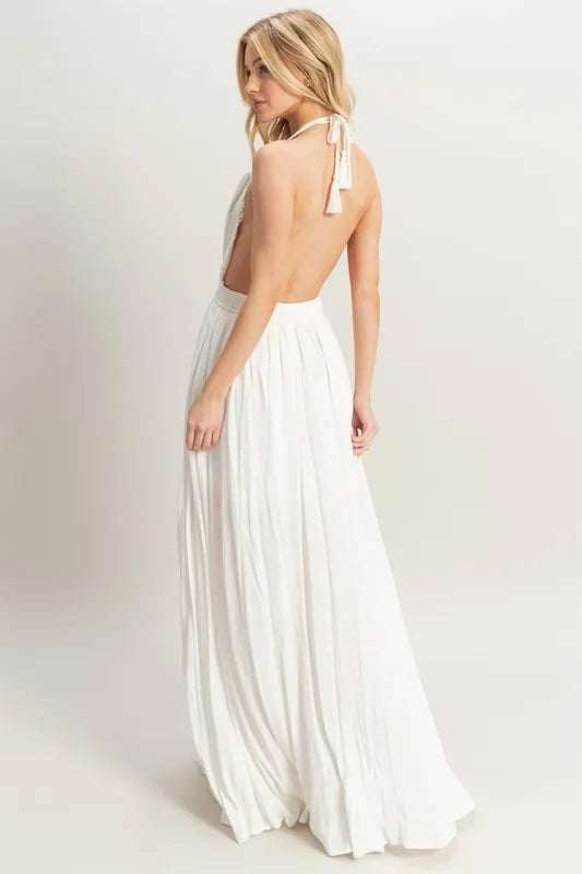 Halter Neck Fitted Waist Flowy Maxi Dress