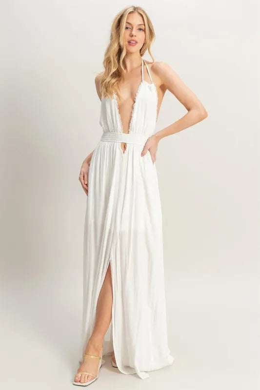 Halter Neck Fitted Waist Flowy Maxi Dress