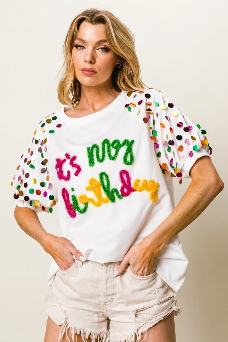 It's My Birthday Metallic Letter Spangle Raglan Puff Sleeve Top-T-Shirt-Reef Love