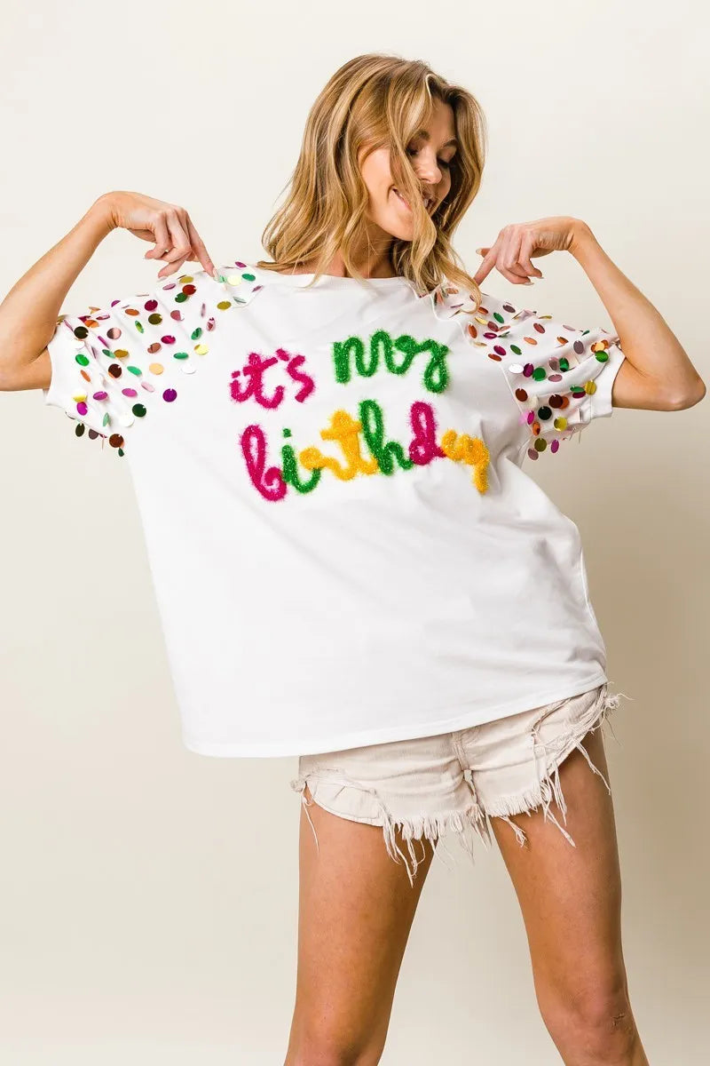 It's My Birthday Metallic Letter Spangle Raglan Puff Sleeve Top-T-Shirt-Reef Love