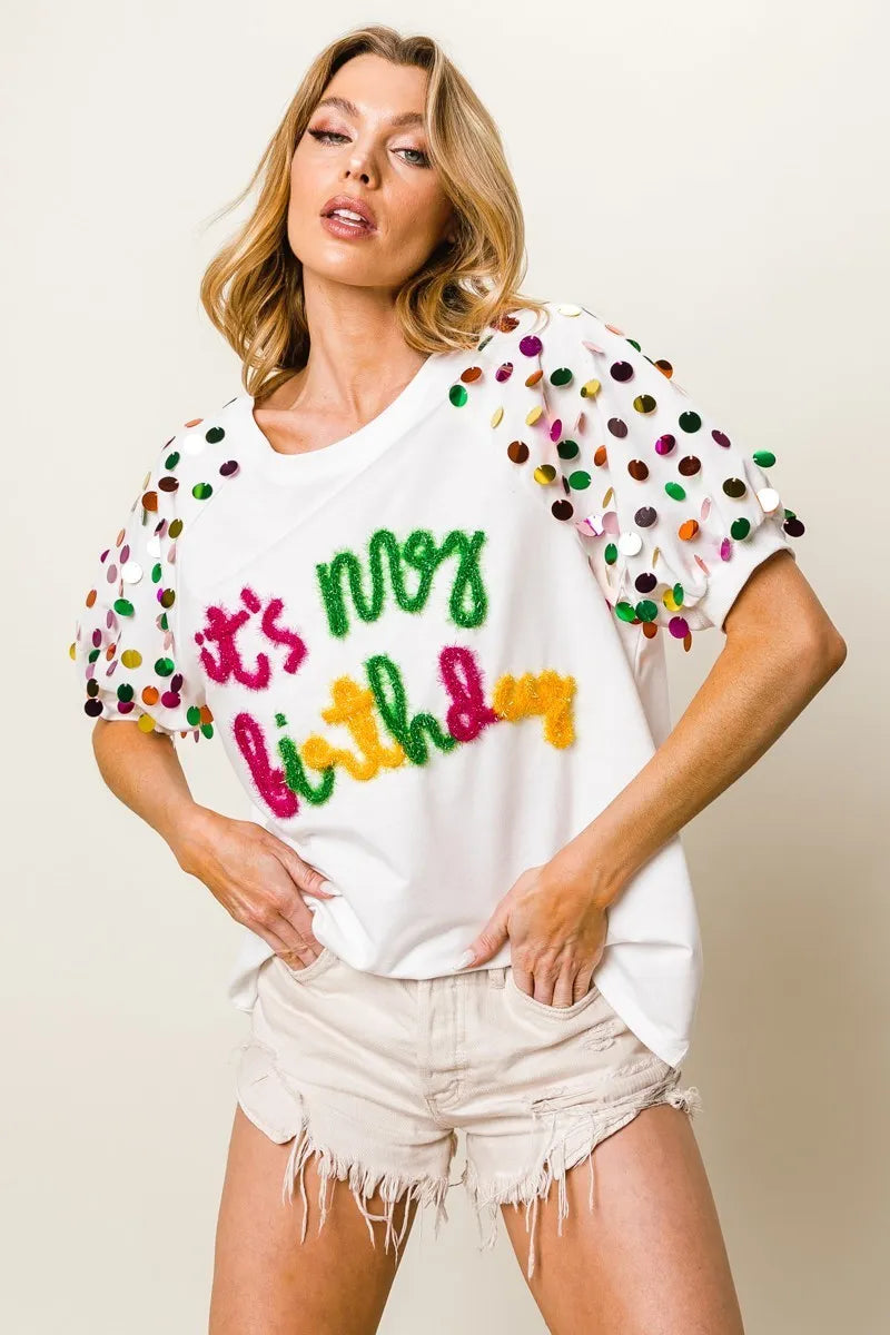 It's My Birthday Metallic Letter Spangle Raglan Puff Sleeve Top-T-Shirt-Reef Love