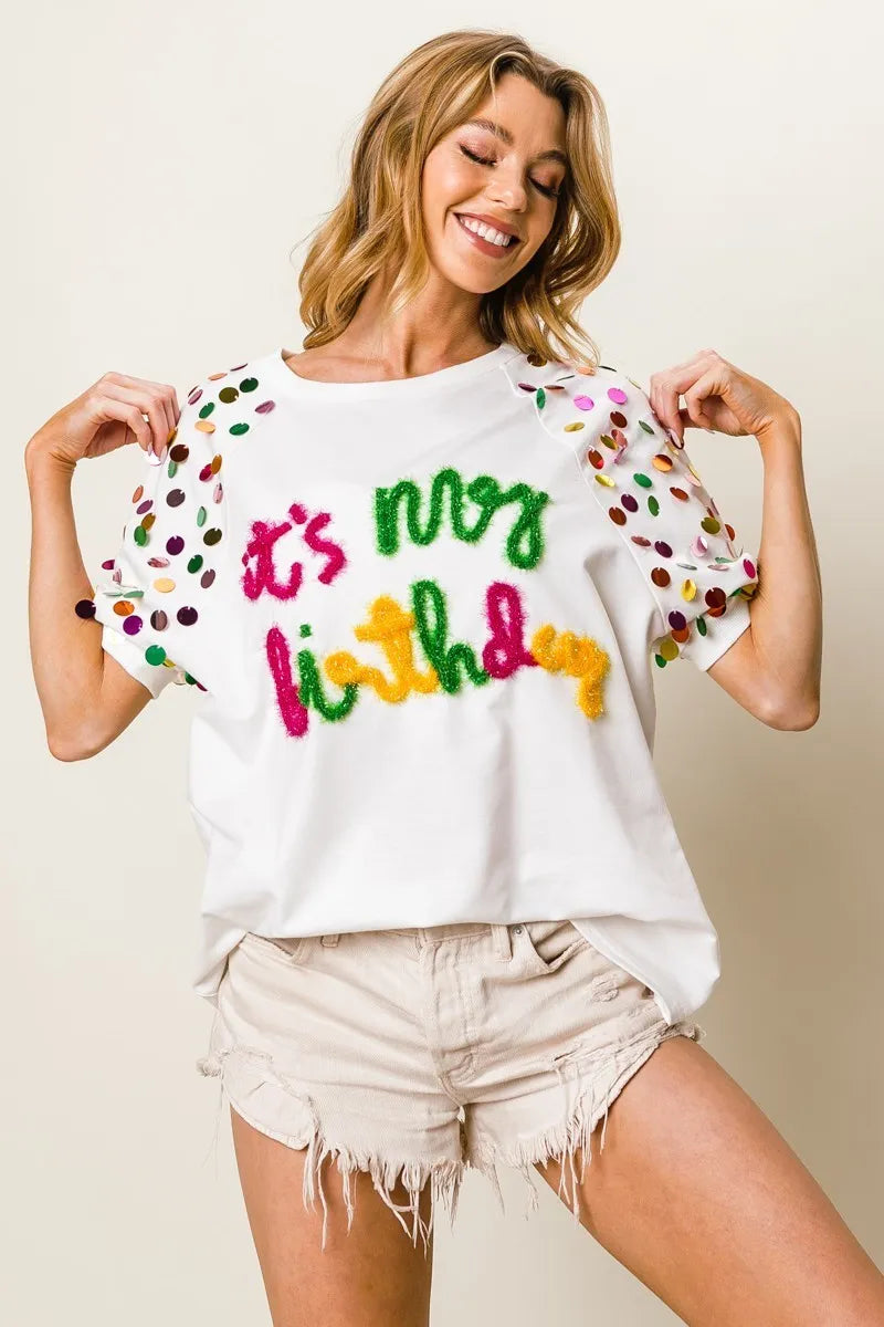 It's My Birthday Metallic Letter Spangle Raglan Puff Sleeve Top-T-Shirt-Reef Love