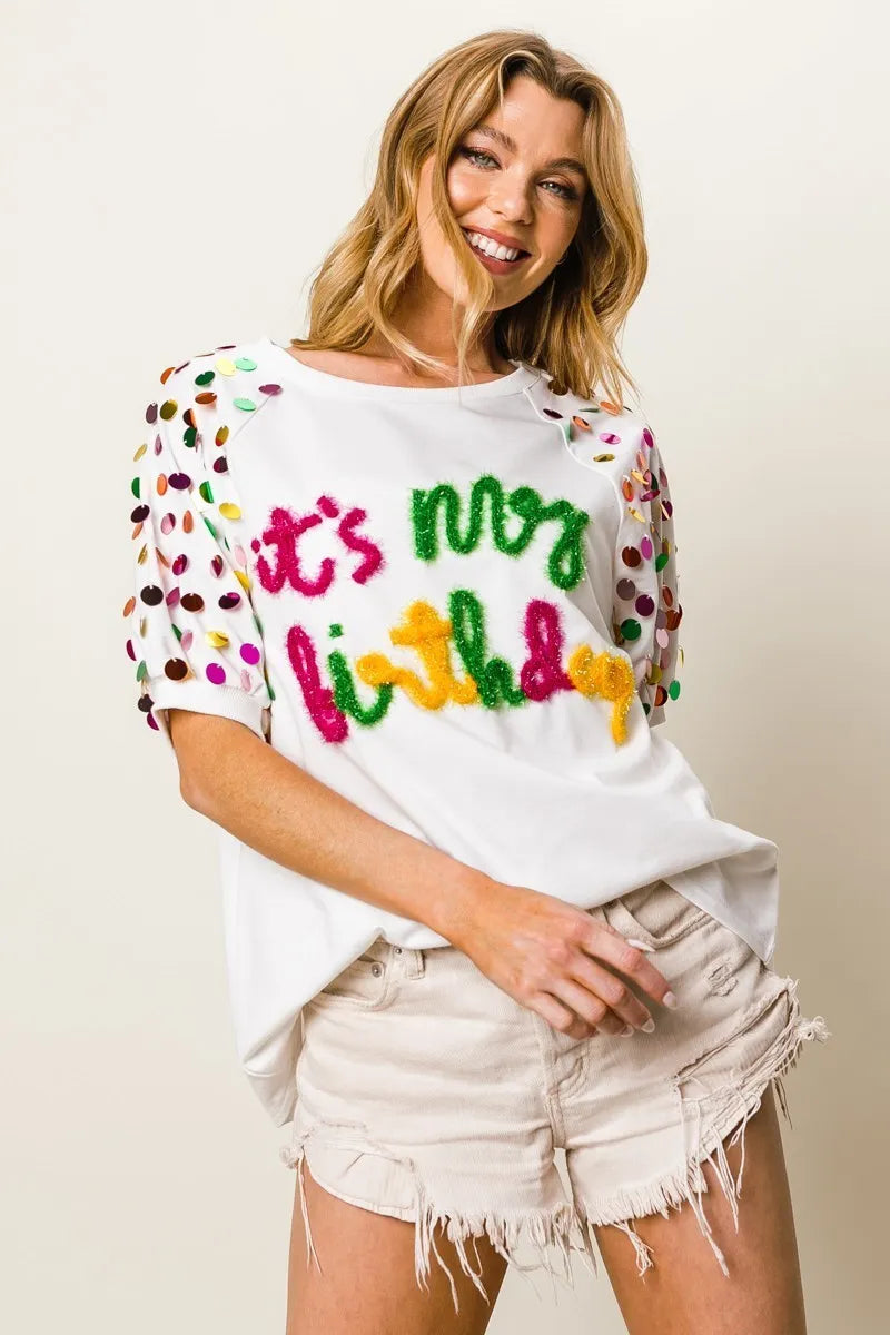 It's My Birthday Metallic Letter Spangle Raglan Puff Sleeve Top-T-Shirt-Reef Love
