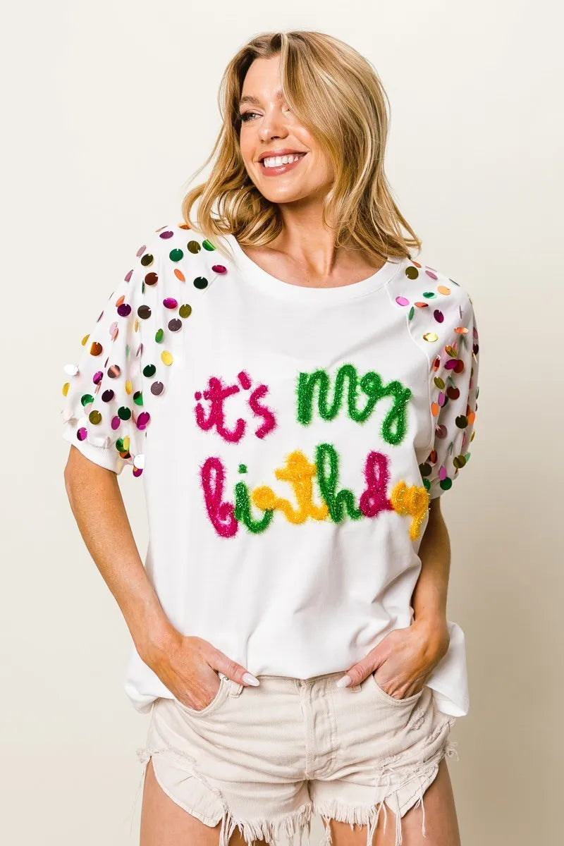 It's My Birthday Metallic Letter Spangle Raglan Puff Sleeve Top-T-Shirt-Reef Love