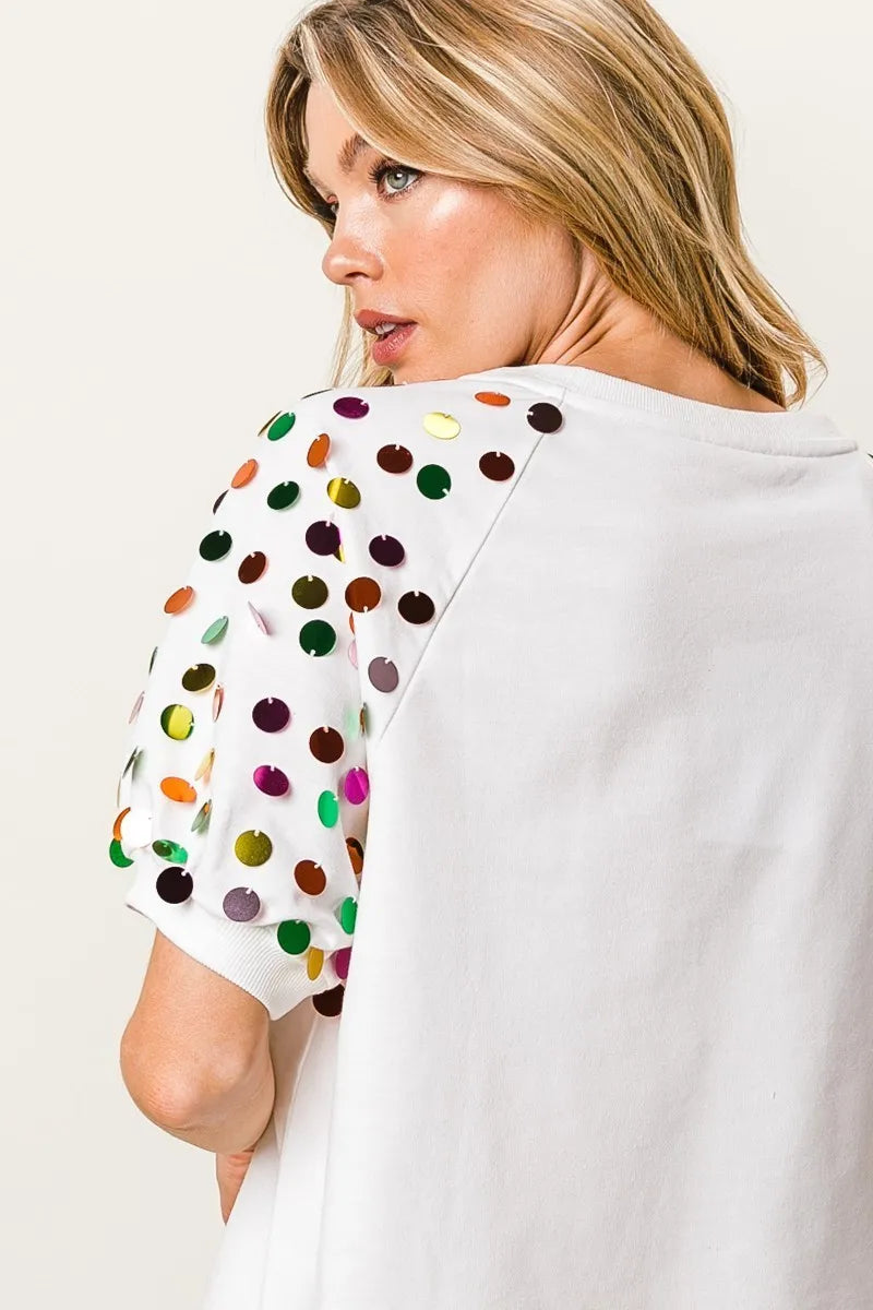 It's My Birthday Metallic Letter Spangle Raglan Puff Sleeve Top-T-Shirt-Reef Love