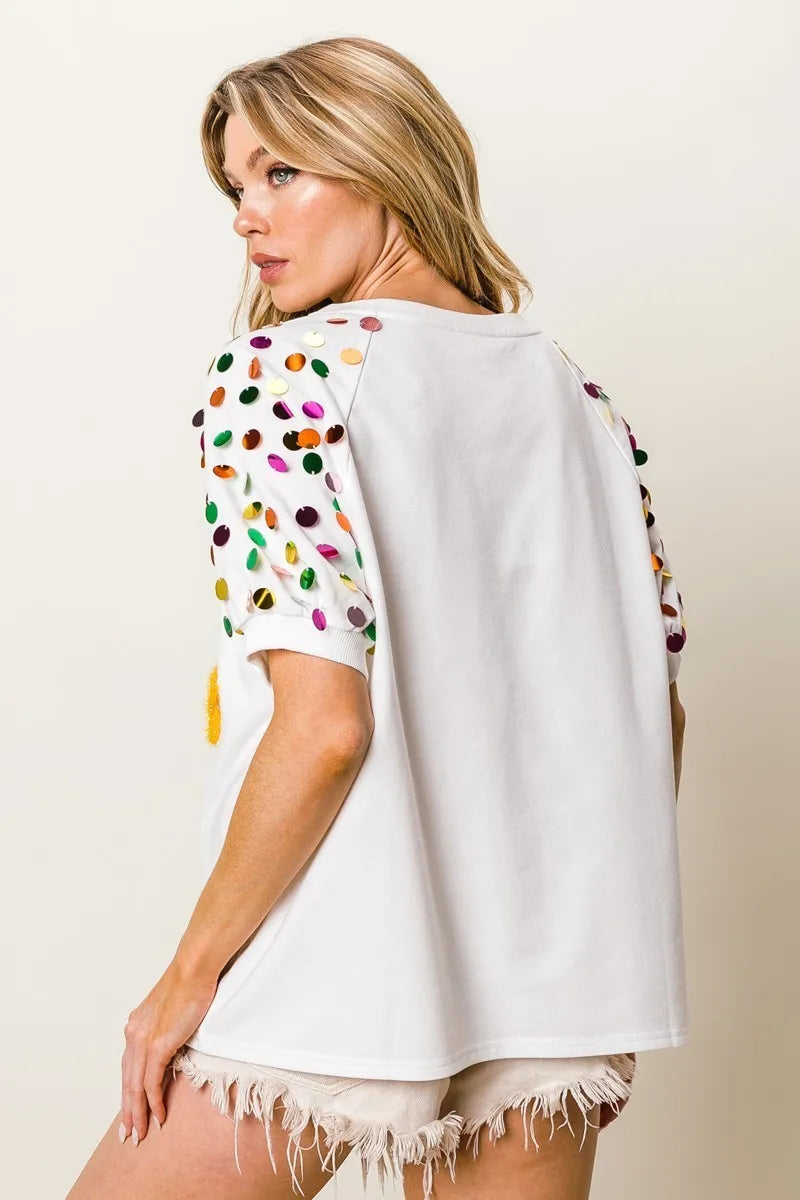 It's My Birthday Metallic Letter Spangle Raglan Puff Sleeve Top-T-Shirt-Reef Love