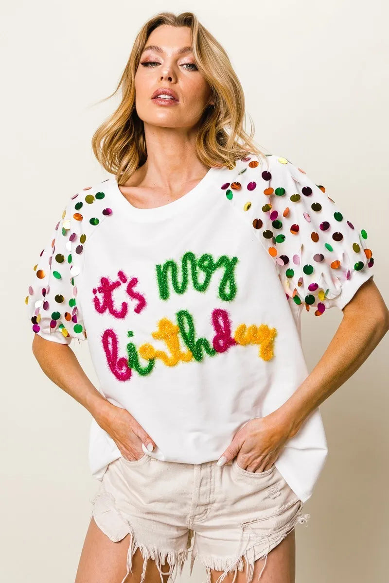 It's My Birthday Metallic Letter Spangle Raglan Puff Sleeve Top-T-Shirt-Reef Love