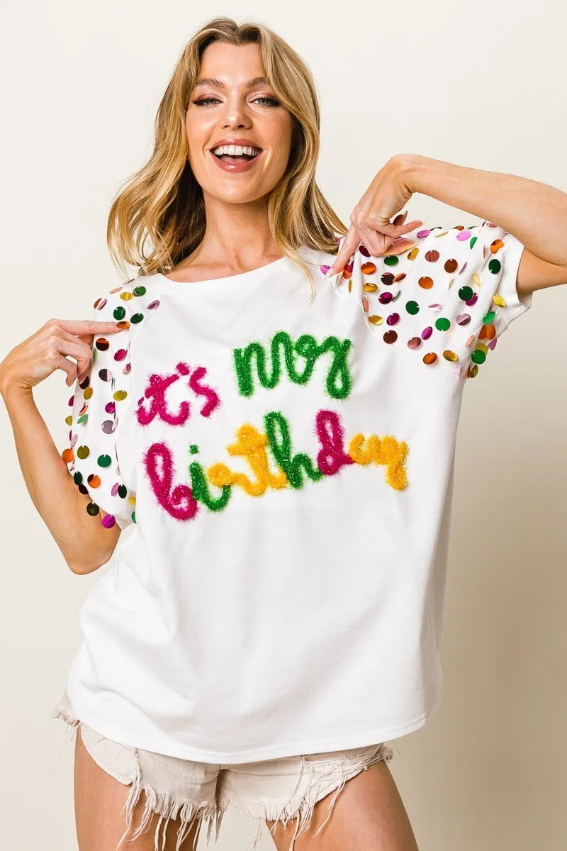 It's My Birthday Metallic Letter Spangle Raglan Puff Sleeve Top-T-Shirt-Reef Love
