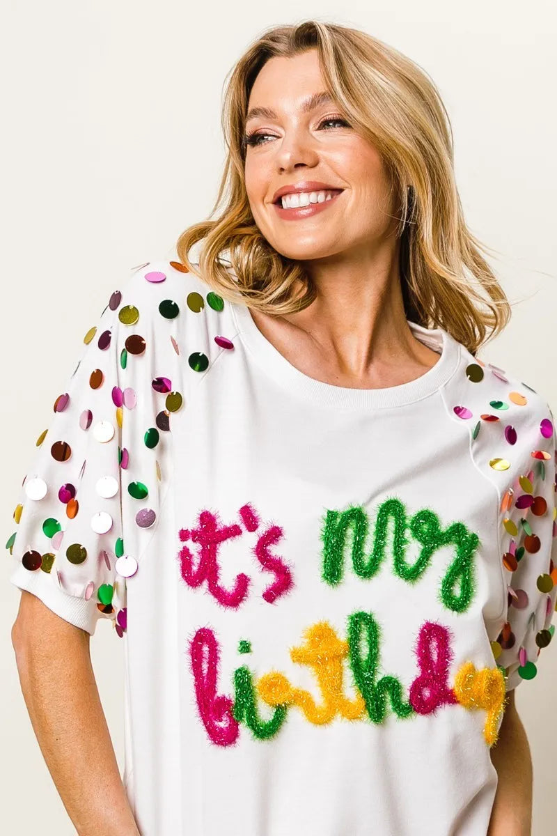 It's My Birthday Metallic Letter Spangle Raglan Puff Sleeve Top-T-Shirt-Reef Love