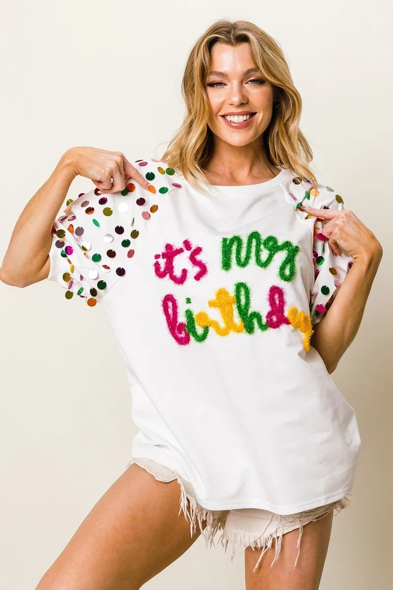 It's My Birthday Metallic Letter Spangle Raglan Puff Sleeve Top-T-Shirt-Reef Love