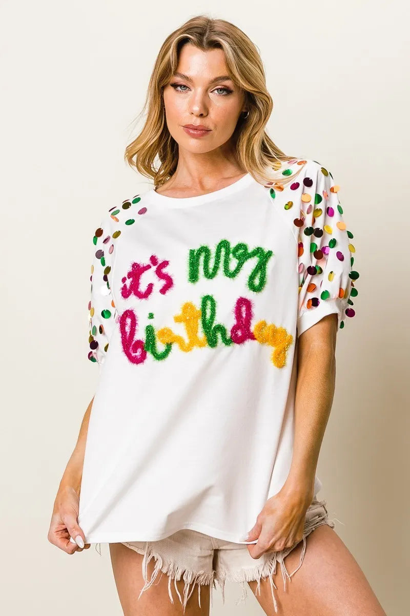It's My Birthday Metallic Letter Spangle Raglan Puff Sleeve Top-T-Shirt-Reef Love