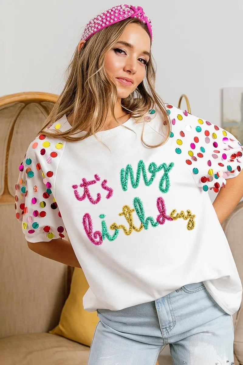 It's My Birthday Metallic Letter Spangle Raglan Puff Sleeve Top-T-Shirt-Reef Love