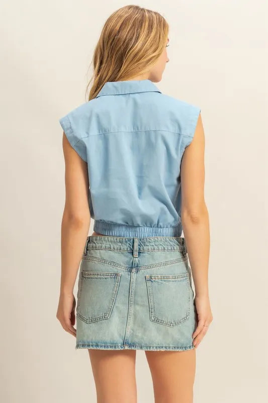 Johnny Collar Sleeveless Cropped Blouse