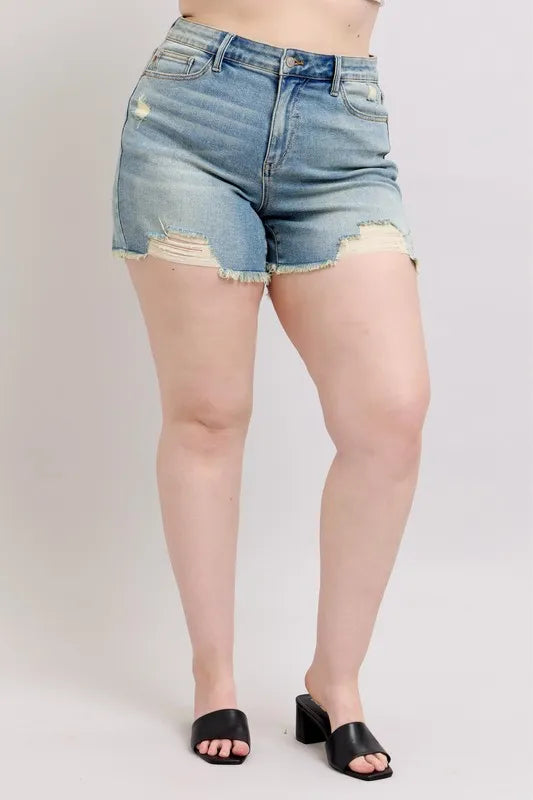 Judy Blue High Rise Washed Fly Stitch Detail and Destroy Denim Shorts