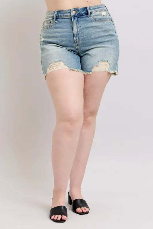 Judy Blue High Rise Washed Fly Stitch Detail and Destroy Denim Shorts