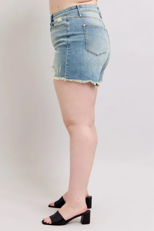 Judy Blue High Rise Washed Fly Stitch Detail and Destroy Denim Shorts