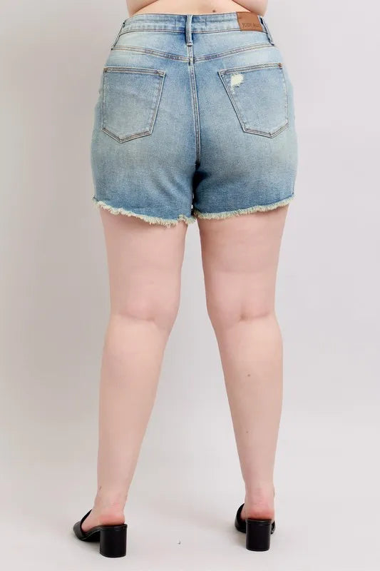 Judy Blue High Rise Washed Fly Stitch Detail and Destroy Denim Shorts