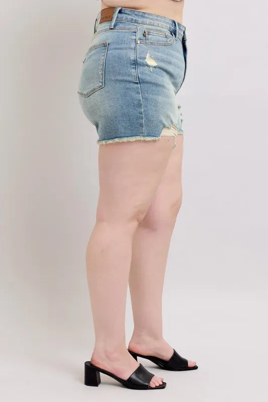 Judy Blue High Rise Washed Fly Stitch Detail and Destroy Denim Shorts