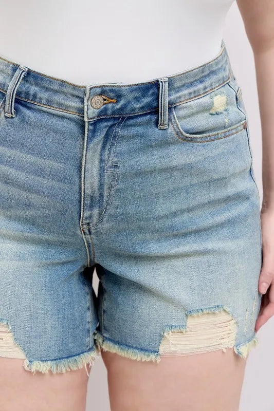 Judy Blue High Rise Washed Fly Stitch Detail and Destroy Denim Shorts