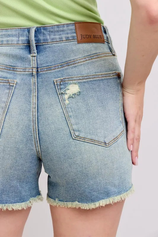 Judy Blue High Rise Washed Fly Stitch Detail and Destroy Denim Shorts