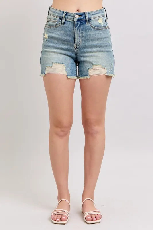 Judy Blue High Rise Washed Fly Stitch Detail and Destroy Denim Shorts