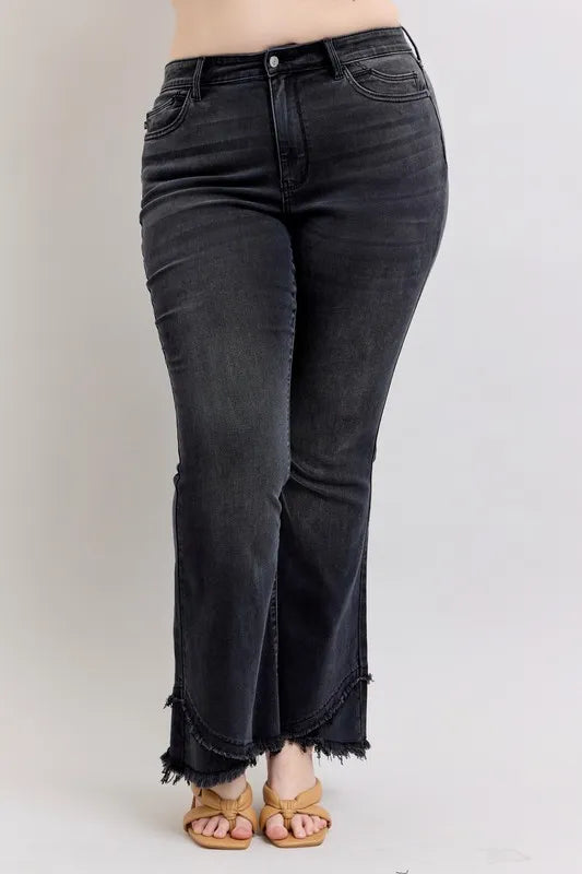 Judy Blue High Waist Flare with Mock Fray Tulip Hem Jeans