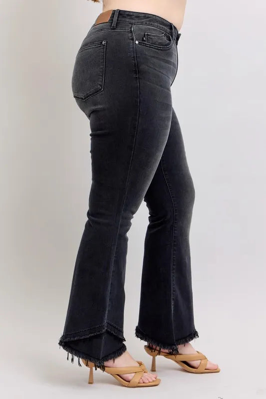 Judy Blue High Waist Flare with Mock Fray Tulip Hem Jeans