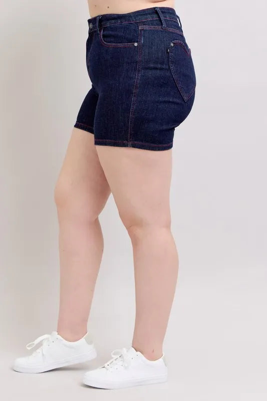 Judy Blue High Waist Heart Shaped Pockets & Red Contrast Thread Denim Shorts