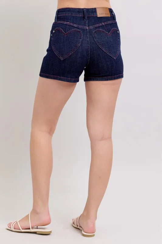 Judy Blue High Waist Heart Shaped Pockets & Red Contrast Thread Denim Shorts