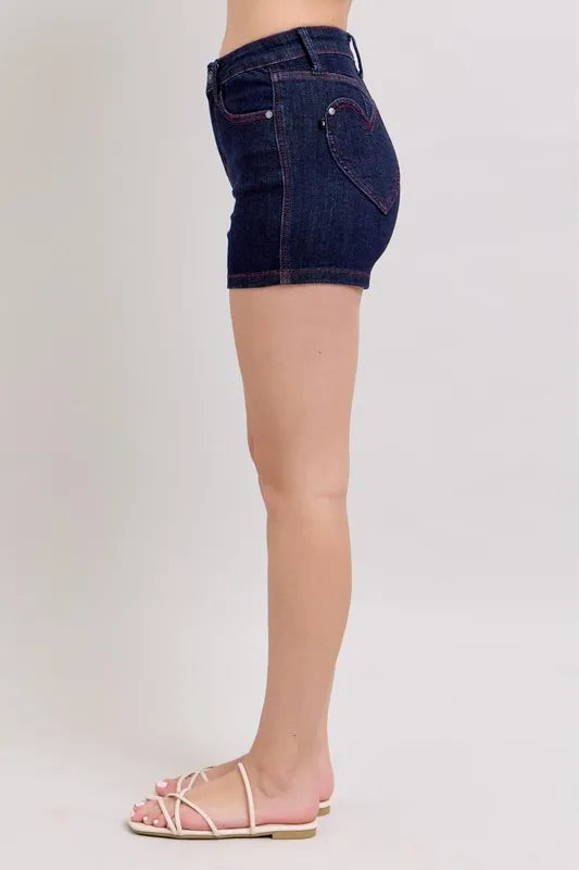 Judy Blue High Waist Heart Shaped Pockets & Red Contrast Thread Denim Shorts