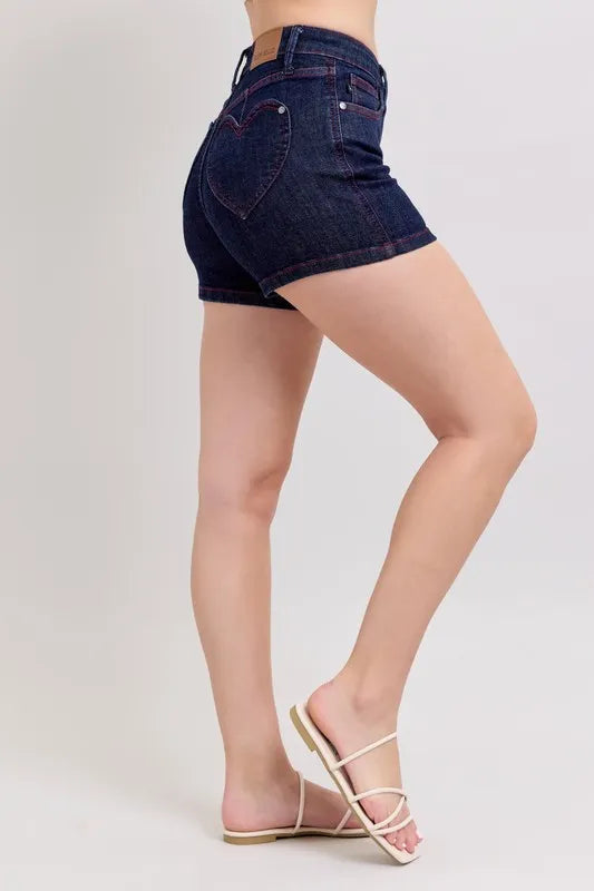 Judy Blue High Waist Heart Shaped Pockets & Red Contrast Thread Denim Shorts