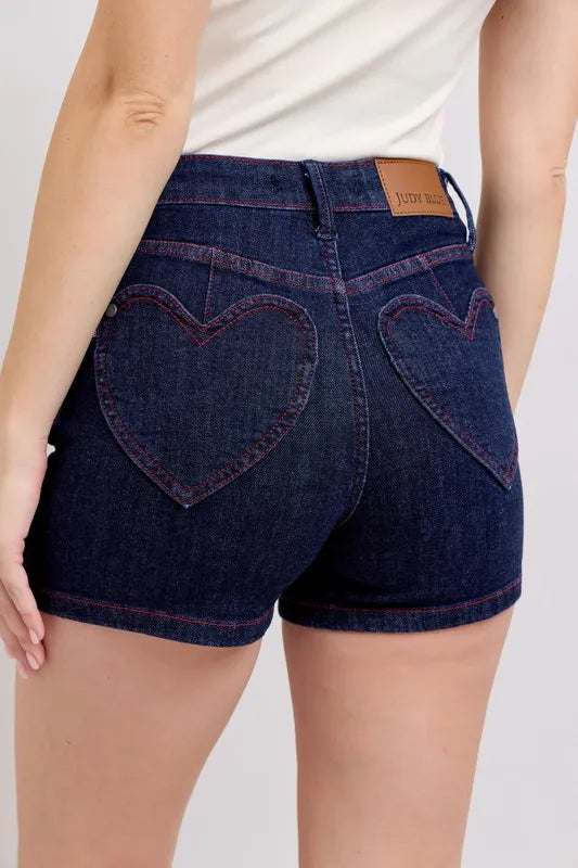 Judy Blue High Waist Heart Shaped Pockets & Red Contrast Thread Denim Shorts