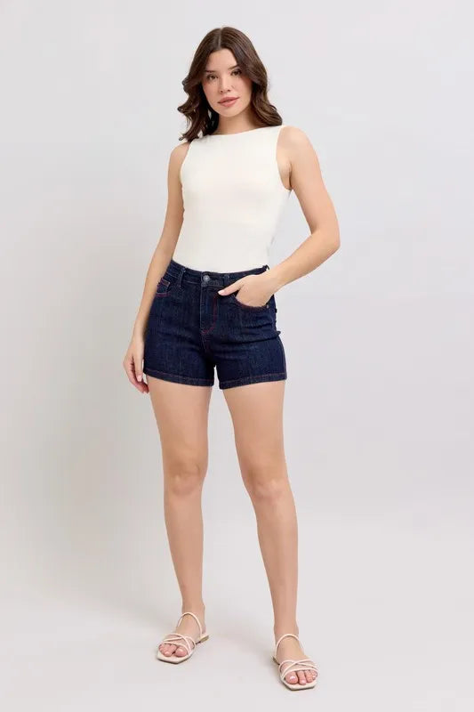 Judy Blue High Waist Heart Shaped Pockets & Red Contrast Thread Denim Shorts