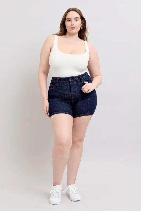 Judy Blue High Waist Heart Shaped Pockets & Red Contrast Thread Denim Shorts