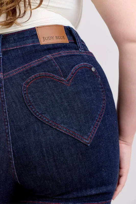 Judy Blue High Waist Heart Shaped Pockets & Red Contrast Thread Denim Shorts