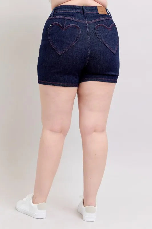 Judy Blue High Waist Heart Shaped Pockets & Red Contrast Thread Denim Shorts