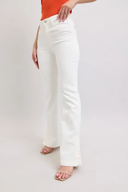 Judy Blue High Waist Side Slit Slim Bootcut White Jeans