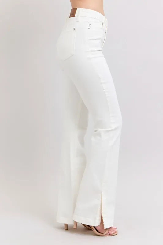 Judy Blue High Waist Side Slit Slim Bootcut White Jeans