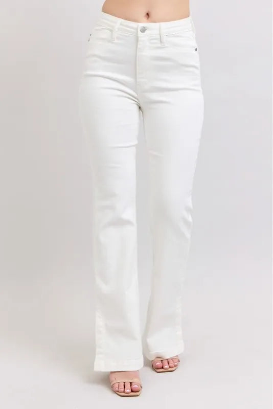 Judy Blue High Waist Side Slit Slim Bootcut White Jeans