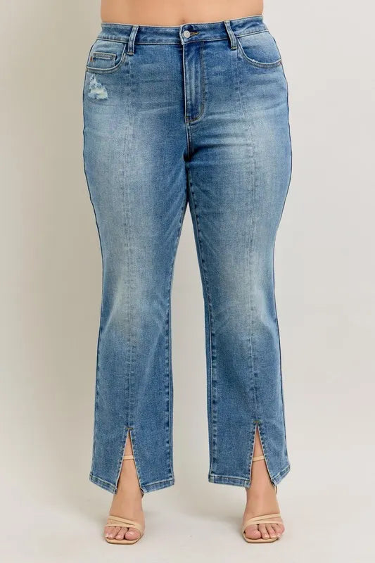 Judy Blue High Waist Vintage Wash Front Seam & Slit Straight Leg Jeans