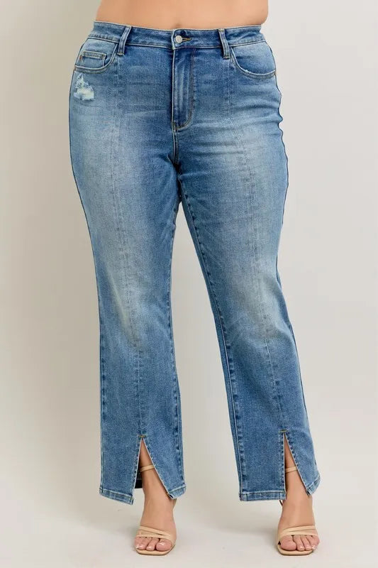 Judy Blue High Waist Vintage Wash Front Seam & Slit Straight Leg Jeans