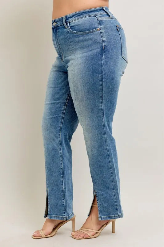 Judy Blue High Waist Vintage Wash Front Seam & Slit Straight Leg Jeans