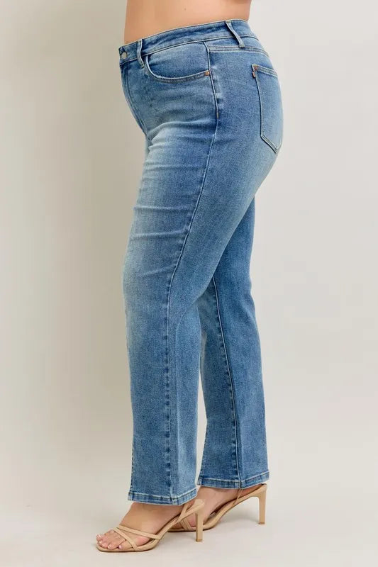 Judy Blue High Waist Vintage Wash Front Seam & Slit Straight Leg Jeans