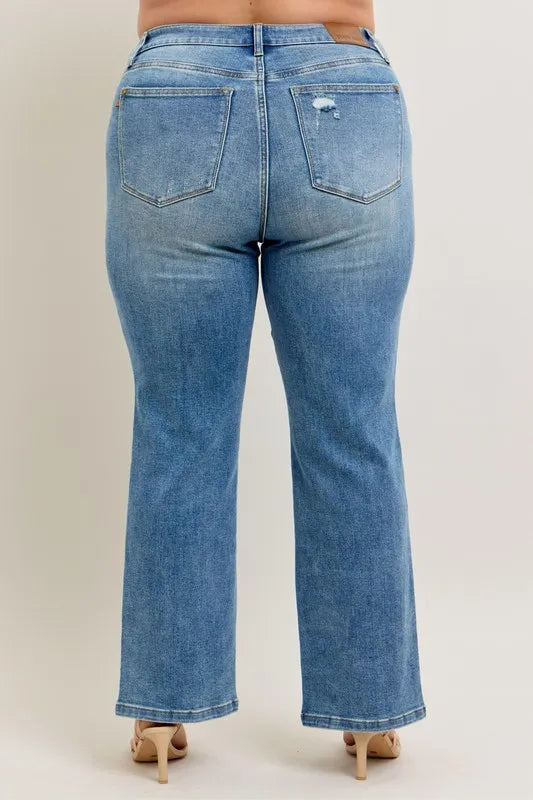 Judy Blue High Waist Vintage Wash Front Seam & Slit Straight Leg Jeans