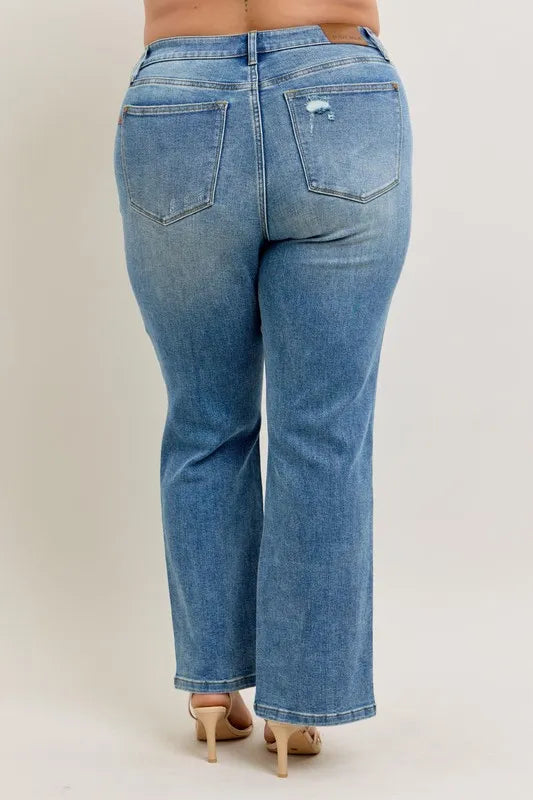 Judy Blue High Waist Vintage Wash Front Seam & Slit Straight Leg Jeans